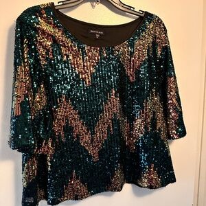 Skies Are Blue Green and Brown Sequin Boxy Blouse